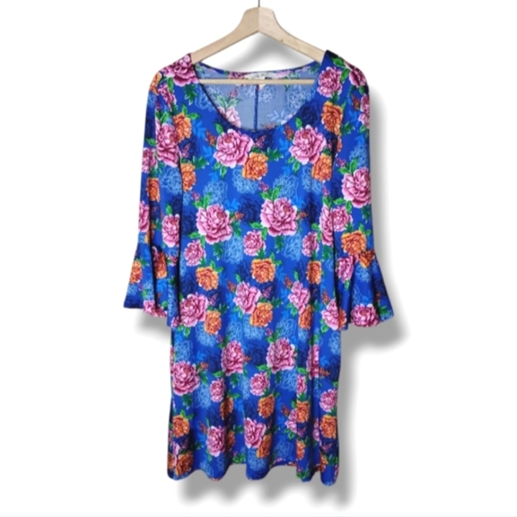 The Pioneer Woman Blue Floral Bell Sleeve Shift Dress L Pockets Casual Cottage - Picture 1 of 8